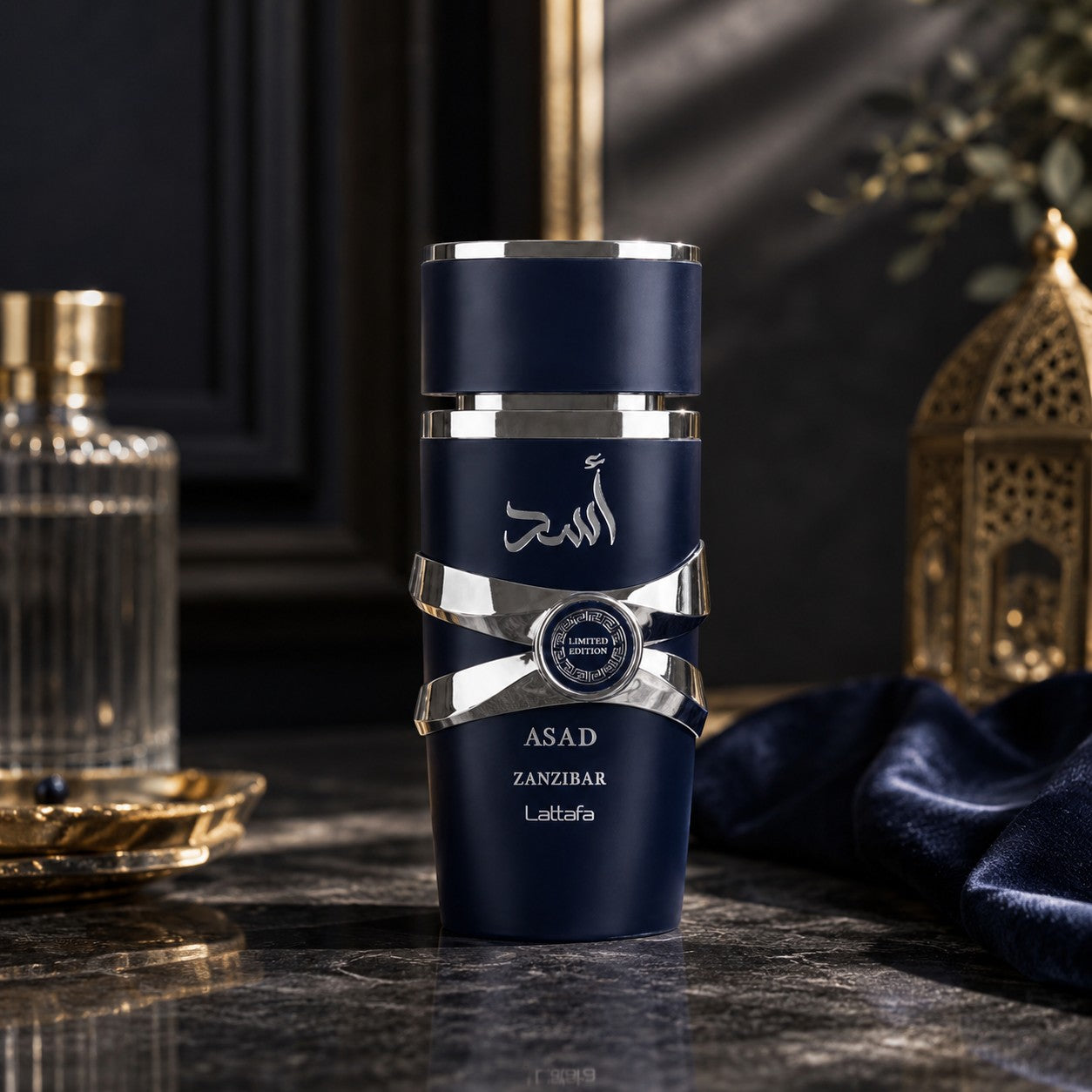 Soghaat Lattafa Asad Zanzibar Limited Edition 100ml Eau de Parfum in a dark blue bottle with silver accents.