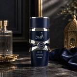 Soghaat Lattafa Asad Zanzibar Limited Edition 100ml Eau de Parfum in a dark blue bottle with silver accents.