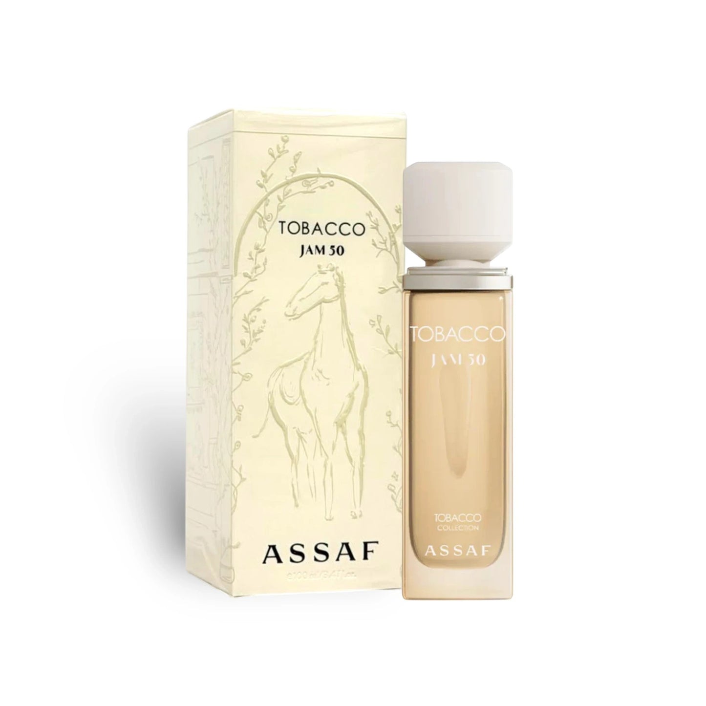 Soghaat Assaf Tobacco Jam 50 Extrait de Parfum bottle and box with giraffe illustration. Woody-spicy unisex fragrance.