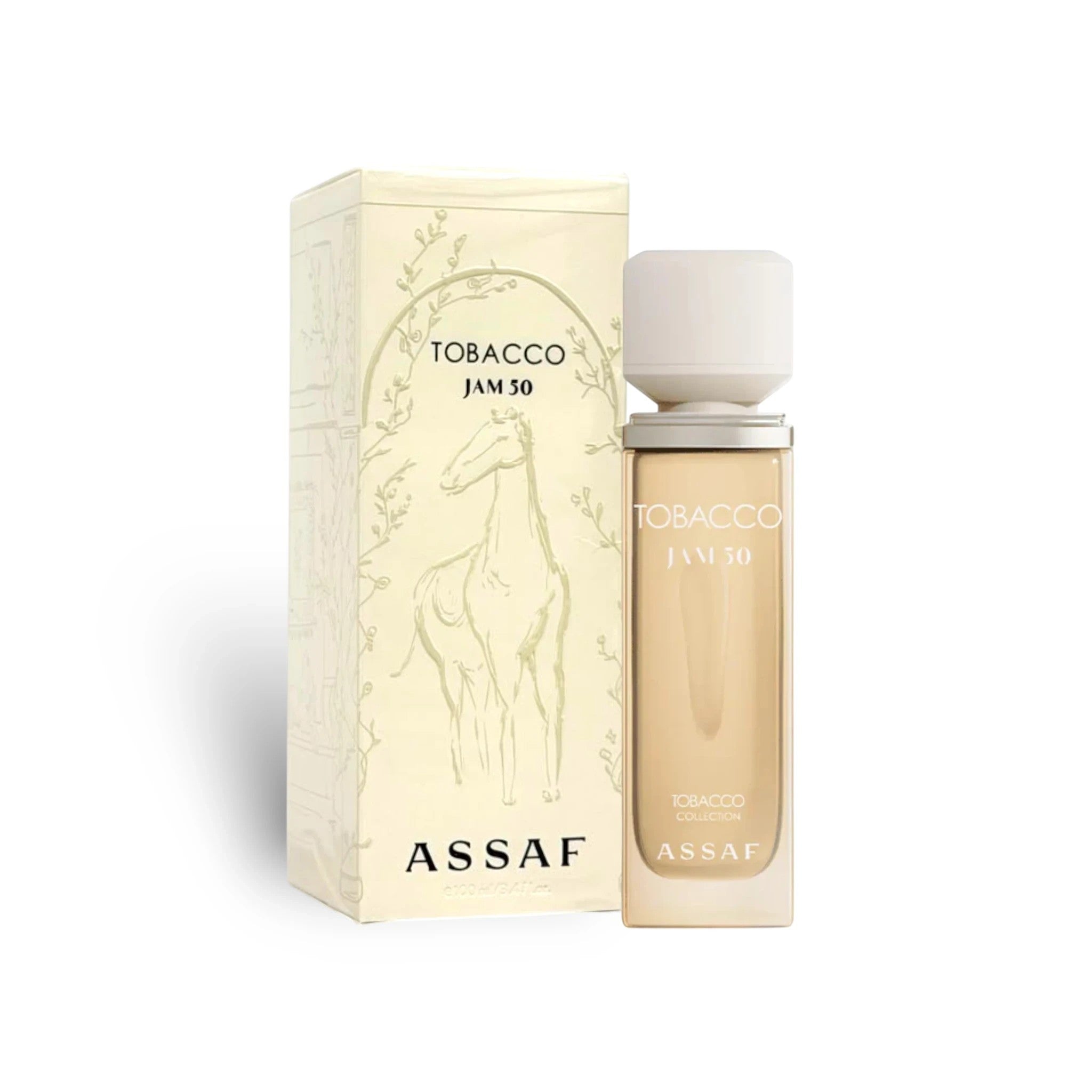 Soghaat Assaf Tobacco Jam 50 Extrait de Parfum bottle and box with giraffe illustration. Woody-spicy unisex fragrance.