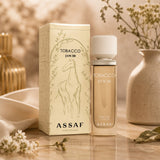 Soghaat Assaf Tobacco Jam 50 Extrait de Parfum bottle and box with horse illustration. Woody-spicy unisex fragrance.