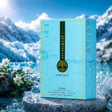 Soghaat Lattafa Atlas Glacial Valley 55ml Eau de Parfum box on a stone by a glacial lake with mountain backdrop.