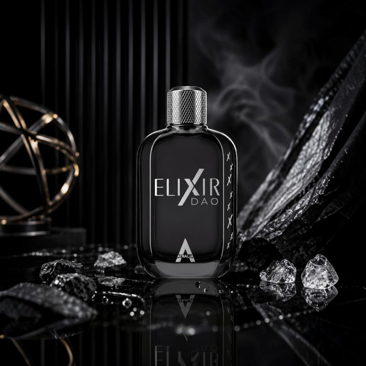 Soghaat Atralia Elixir Dao 100ml Eau de Parfum in a sleek black bottle with silver cap on a dark reflective surface.