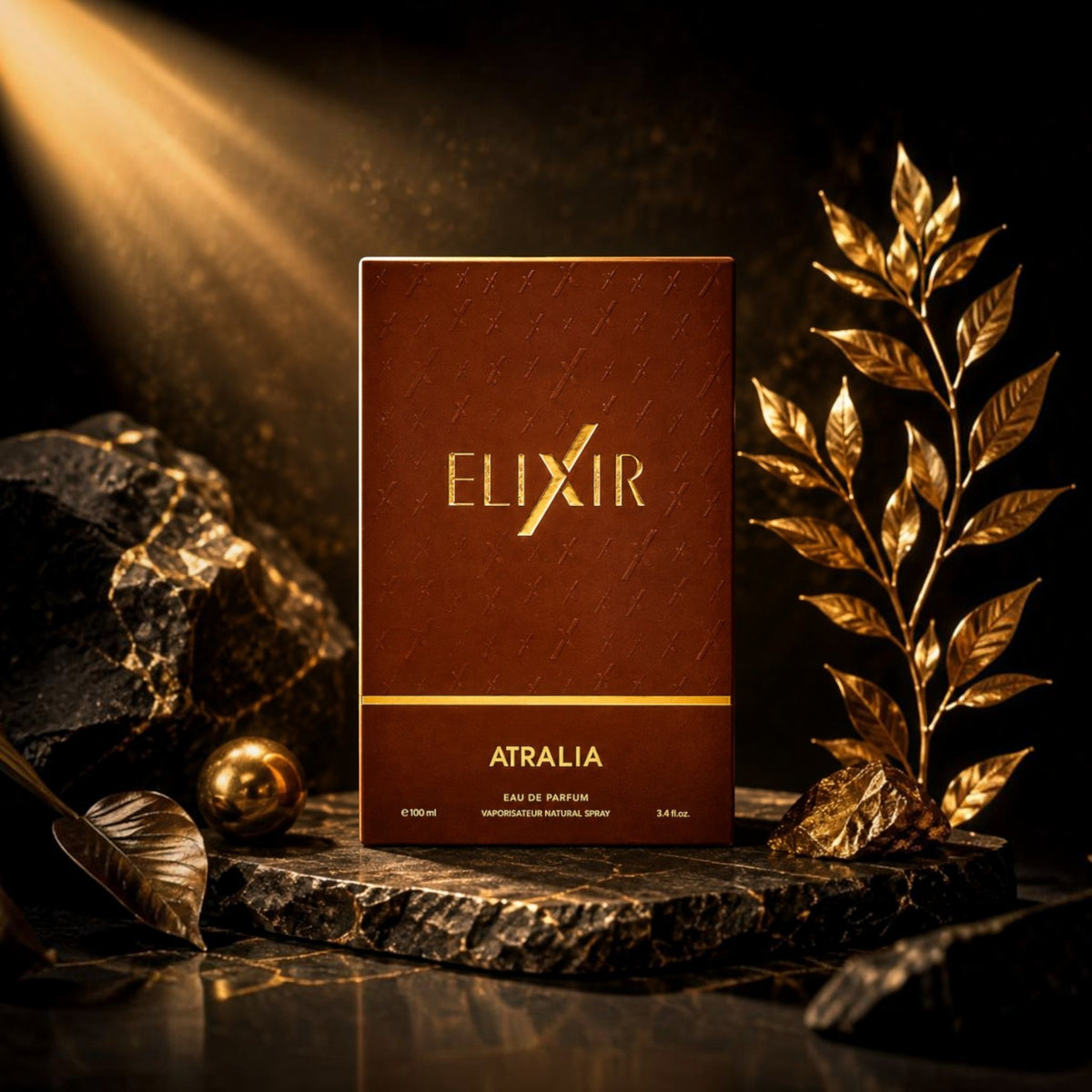 Soghaat Atralia Elixir 100ml Eau de Parfum in a dark brown box with gold lettering, displayed on a stone pedestal.