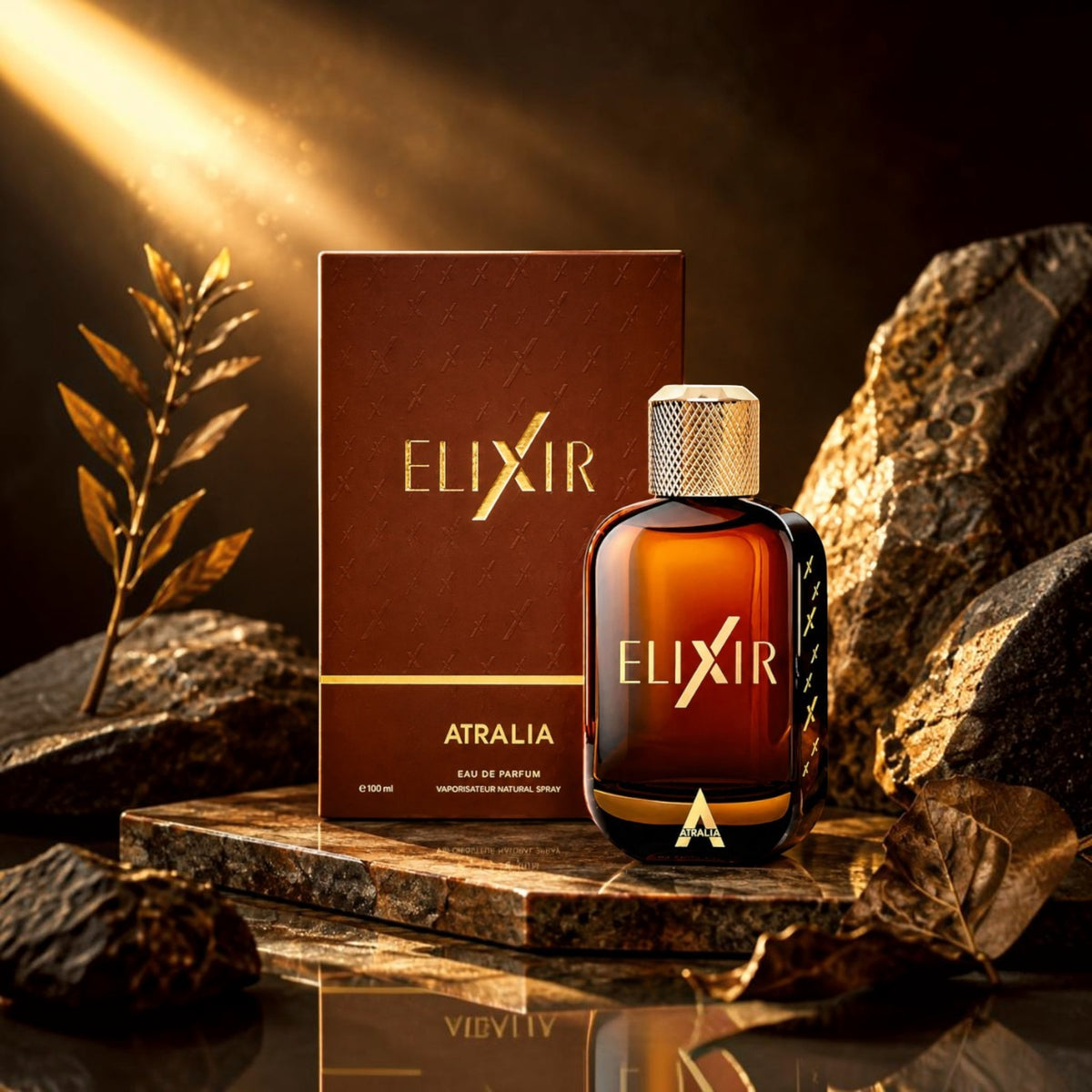 Soghaat Atralia Elixir 100ml Eau de Parfum bottle and box on a stone surface with golden lighting and foliage.