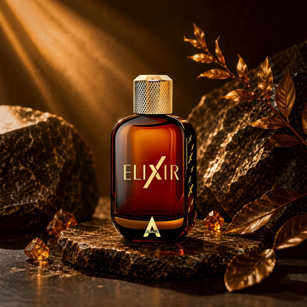 Soghaat Atralia Elixir 100ml Eau de Parfum in a dark amber glass bottle with a gold cap, displayed on a stone pedestal.