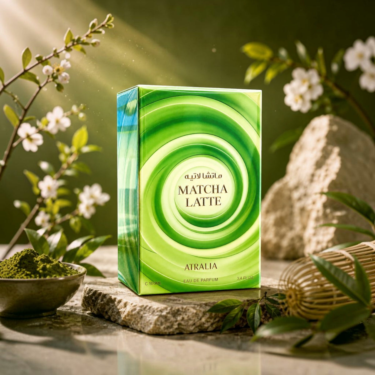 Soghaat Atralia Matcha Latte 100ml Eau de Parfum box with green swirl design, displayed on stone with matcha powder.