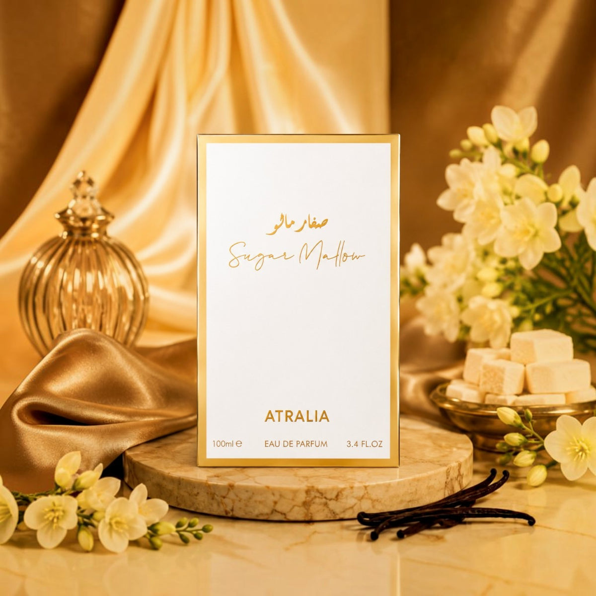 Soghaat Atralia Sugar Mallow 100ml Eau de Parfum box on a marble stand with marshmallow, vanilla, and floral accents.