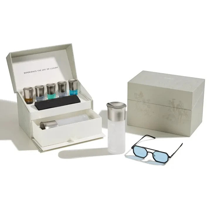 Soghaat Aura Collection & Sunglass Gift Set with Aura Pegasus, 5 mini perfumes, and blue-lens sunglasses.