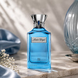 Soghaat Ahmed Al Maghribi Azure Royal 100ml Eau de Parfum in a bright blue glass bottle with a silver cap.