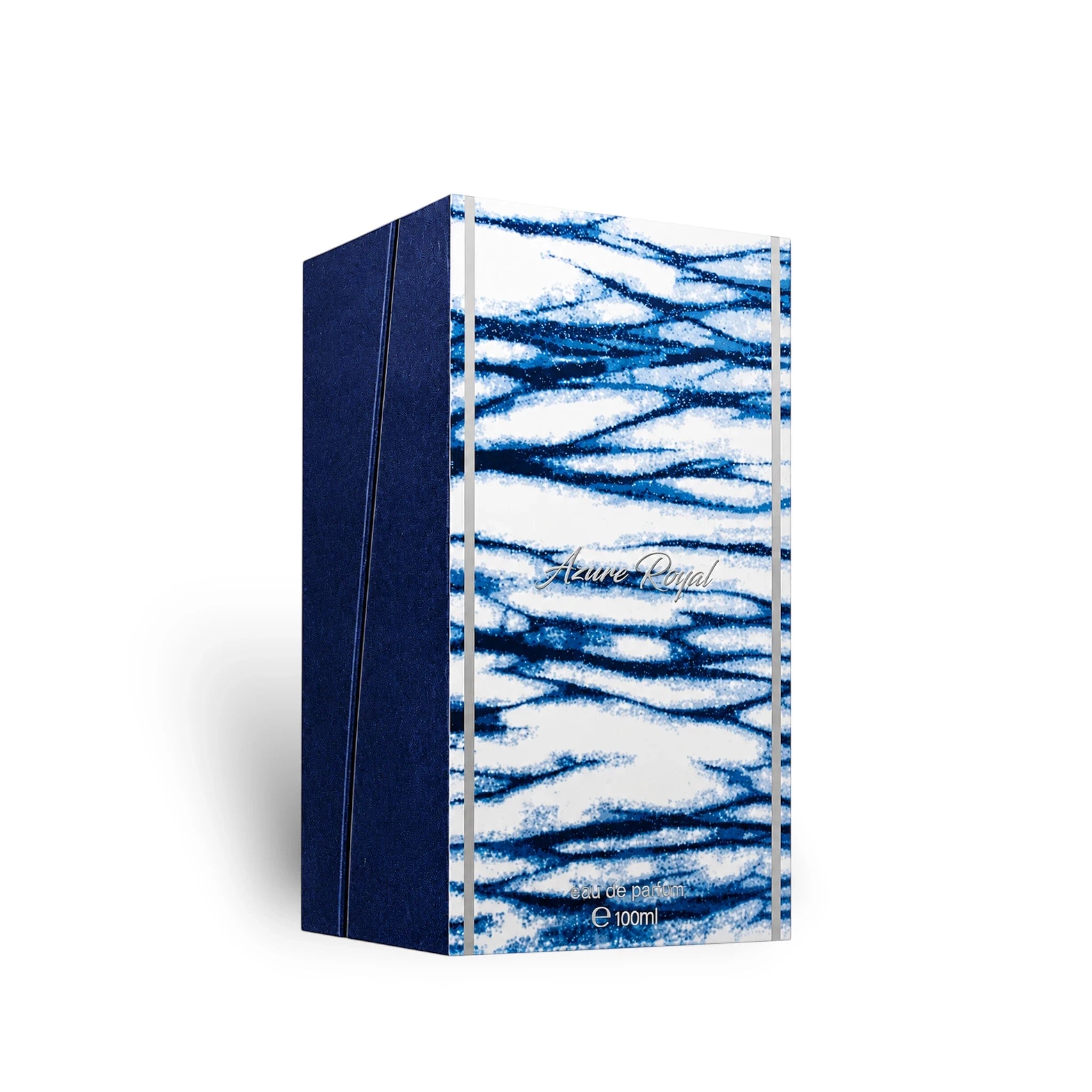 Soghaat Ahmed Al Maghribi Azure Royal 100ml Eau de Parfum box with blue and white abstract wave pattern design