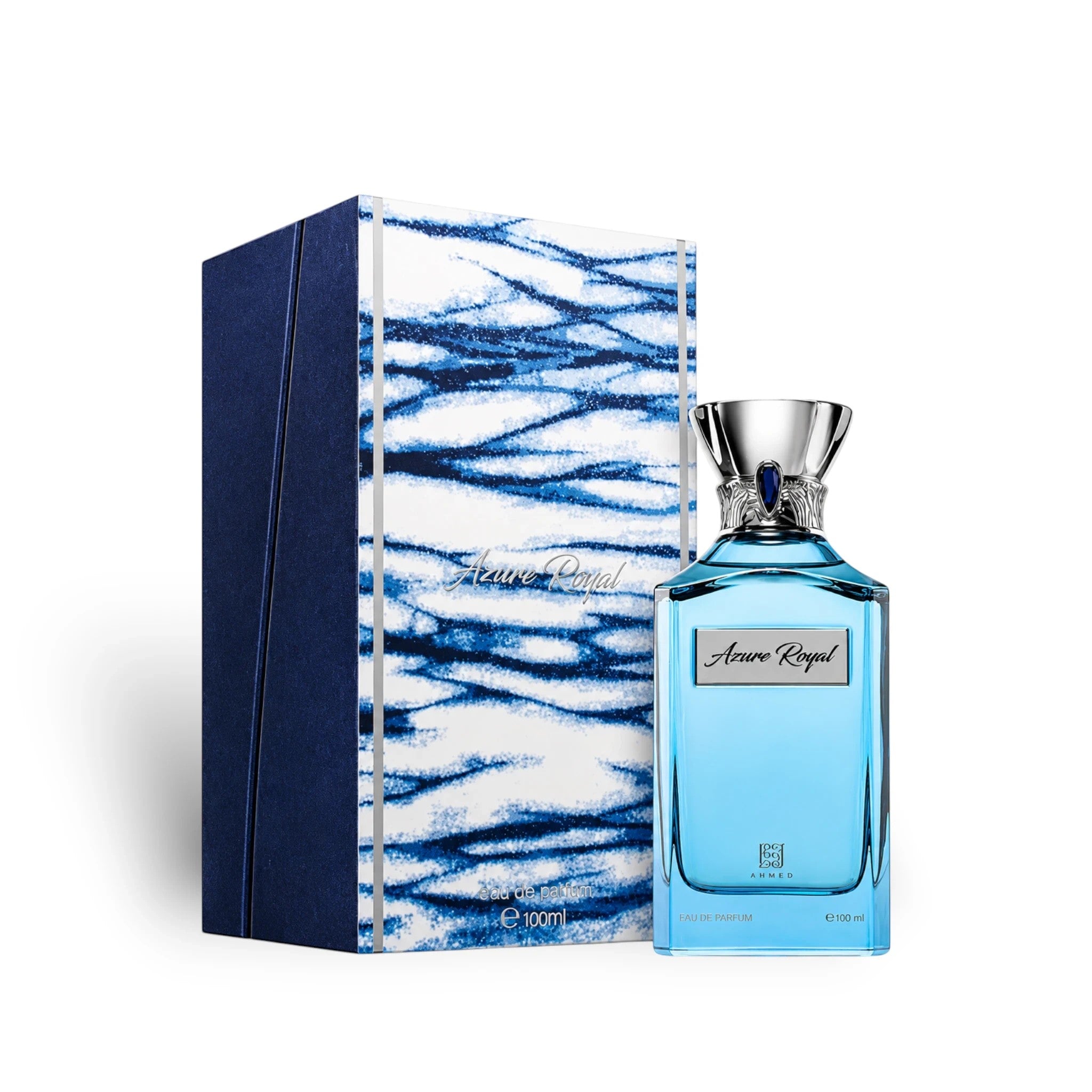 Soghaat Ahmed Al Maghribi Azure Royal 100ml Eau de Parfum bottle with blue liquid and matching patterned gift box.