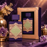 Soghaat Bade'e Al Oud Amethyst Fusion Eau de Parfum 100ml bottle and box with purple and gold ornate Arabian design.