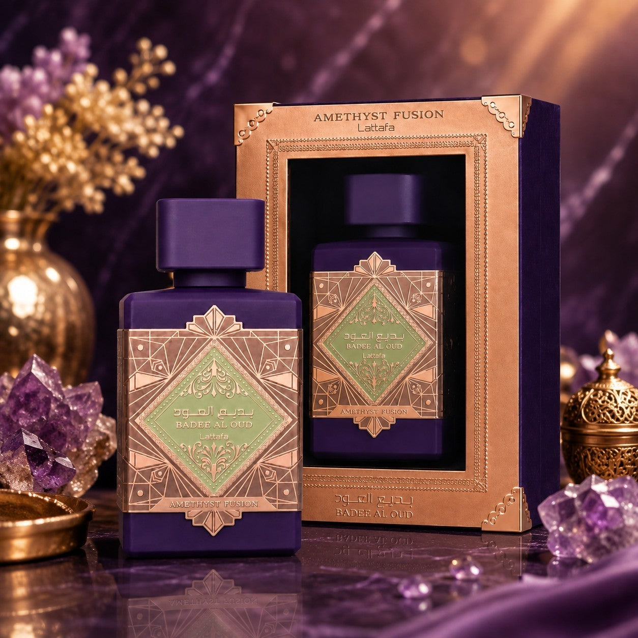 Soghaat Bade'e Al Oud Amethyst Fusion Eau de Parfum 100ml bottle and box with purple and gold ornate Arabian design.