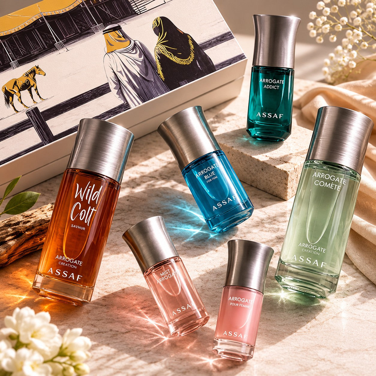 Assaf Bakhur Collection perfume gift set with six bottles in amber, blue, green, and pink glass. Includes Arrogate Wild Colt, Comete, Addict, Blue, Pink, and Miss Arrogate.