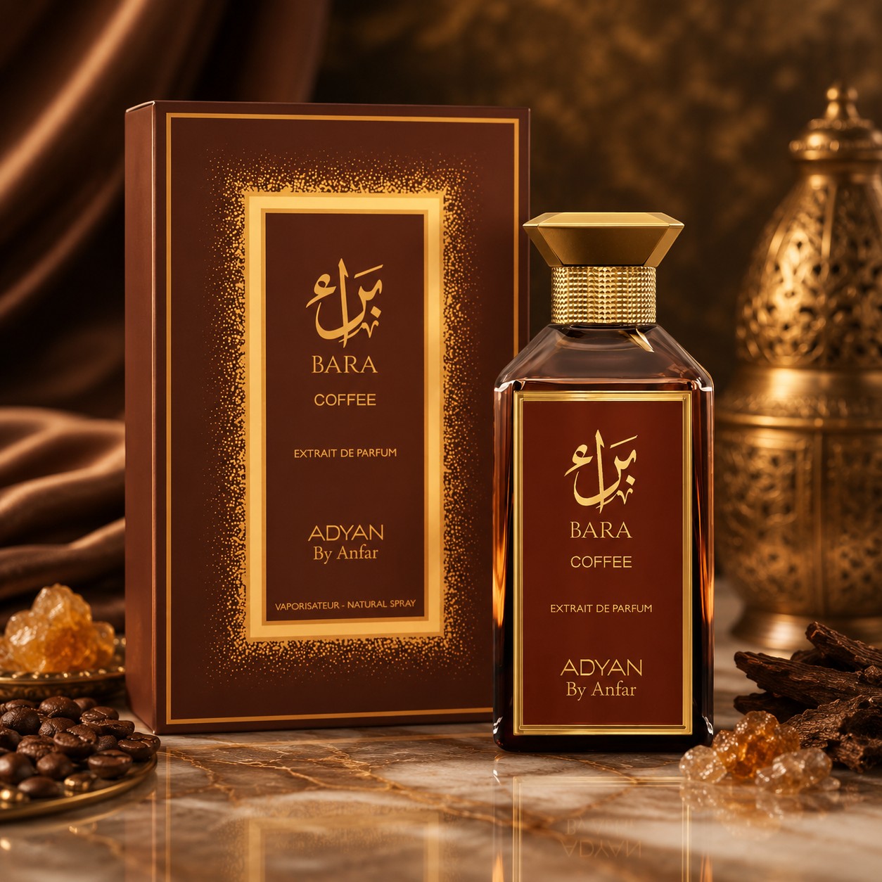 Soghaat Bara Coffee Extrait de Parfum bottle and box with coffee beans and incense on a marble surface.