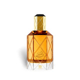 Soghaat Bin Ameer 90ml Extrait de Parfum for men, a sweet amber gourmand fragrance with a faceted amber glass bottle and gold cap.