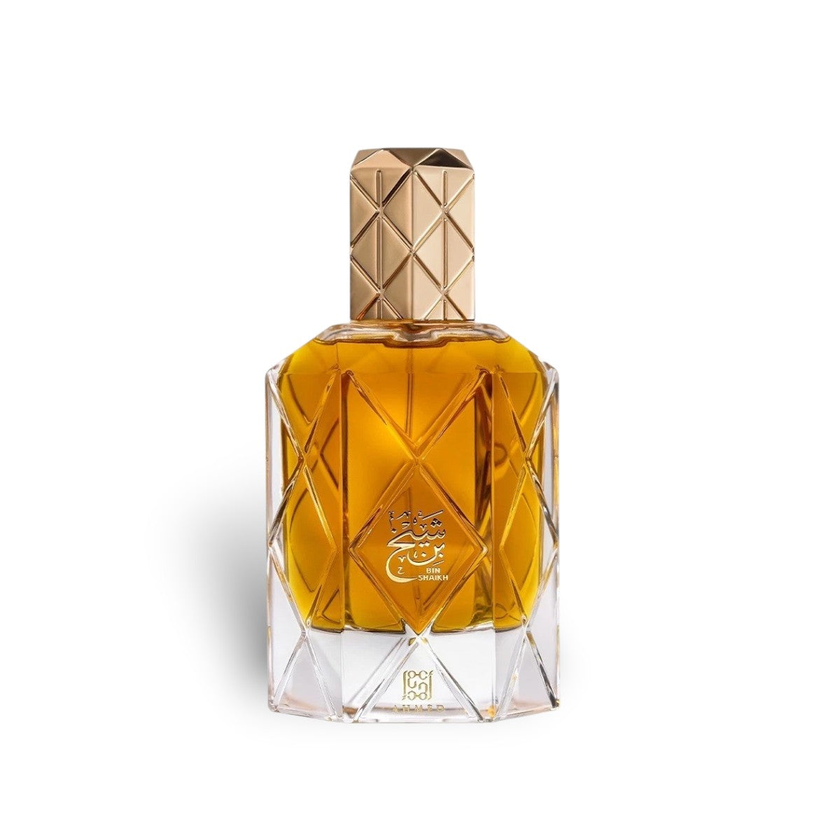 Soghaat Bin Shaikh 90ml Extrait de Parfum for men, amber oud woody fragrance with gold geometric bottle and cap.