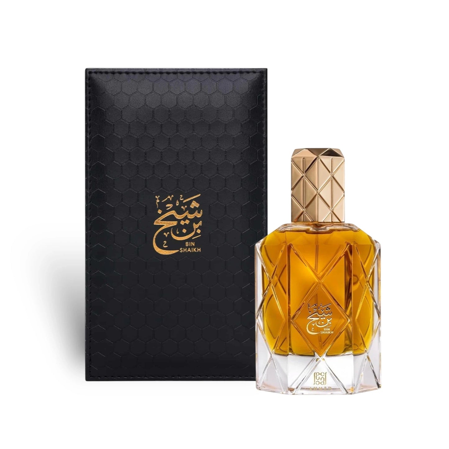 Soghaat Bin Shaikh 90ml Extrait de Parfum for men, amber oud woody fragrance with gold geometric bottle and black textured case.