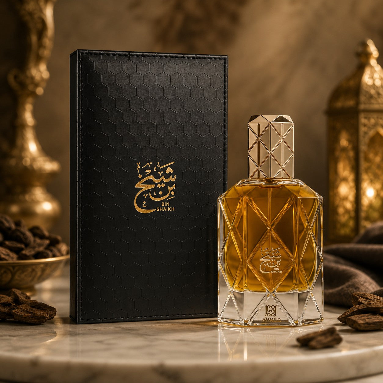 Soghaat Bin Shaikh 90ml Extrait de Parfum for men, amber oud woody fragrance in a geometric glass bottle with gold accents.
