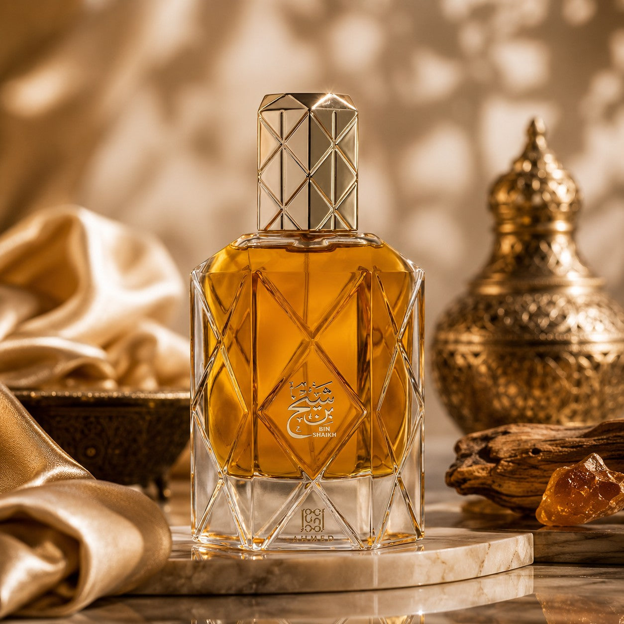 Soghaat Bin Shaikh 90ml Extrait de Parfum for men, amber oud woody fragrance with gold geometric bottle and cap.