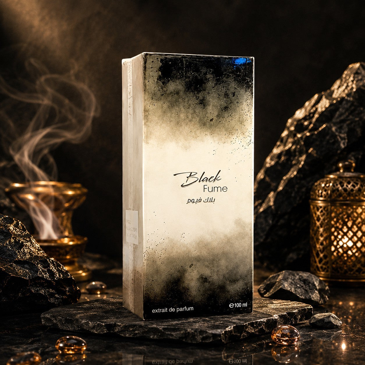 Soghaat Black Fume 100ml Extrait de Parfum box on a stone surface with incense smoke and a golden lantern background.