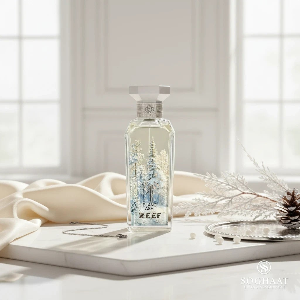 Soghaat Blanc Ash 150ml Eau de Parfum for unisex, amber woody oriental fragrance with winter forest design on bottle.