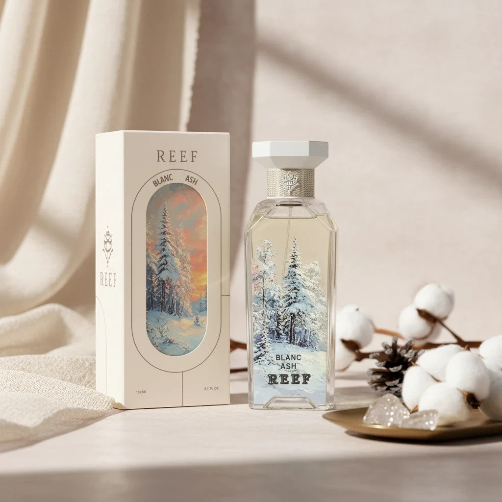 Soghaat Blanc Ash 150ml Eau de Parfum for unisex, amber woody oriental fragrance with winter forest scene on bottle and box.