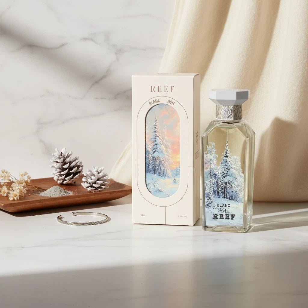 Soghaat Blanc Ash 150ml Eau de Parfum bottle and box with winter forest scene. Unisex amber woody oriental fragrance.
