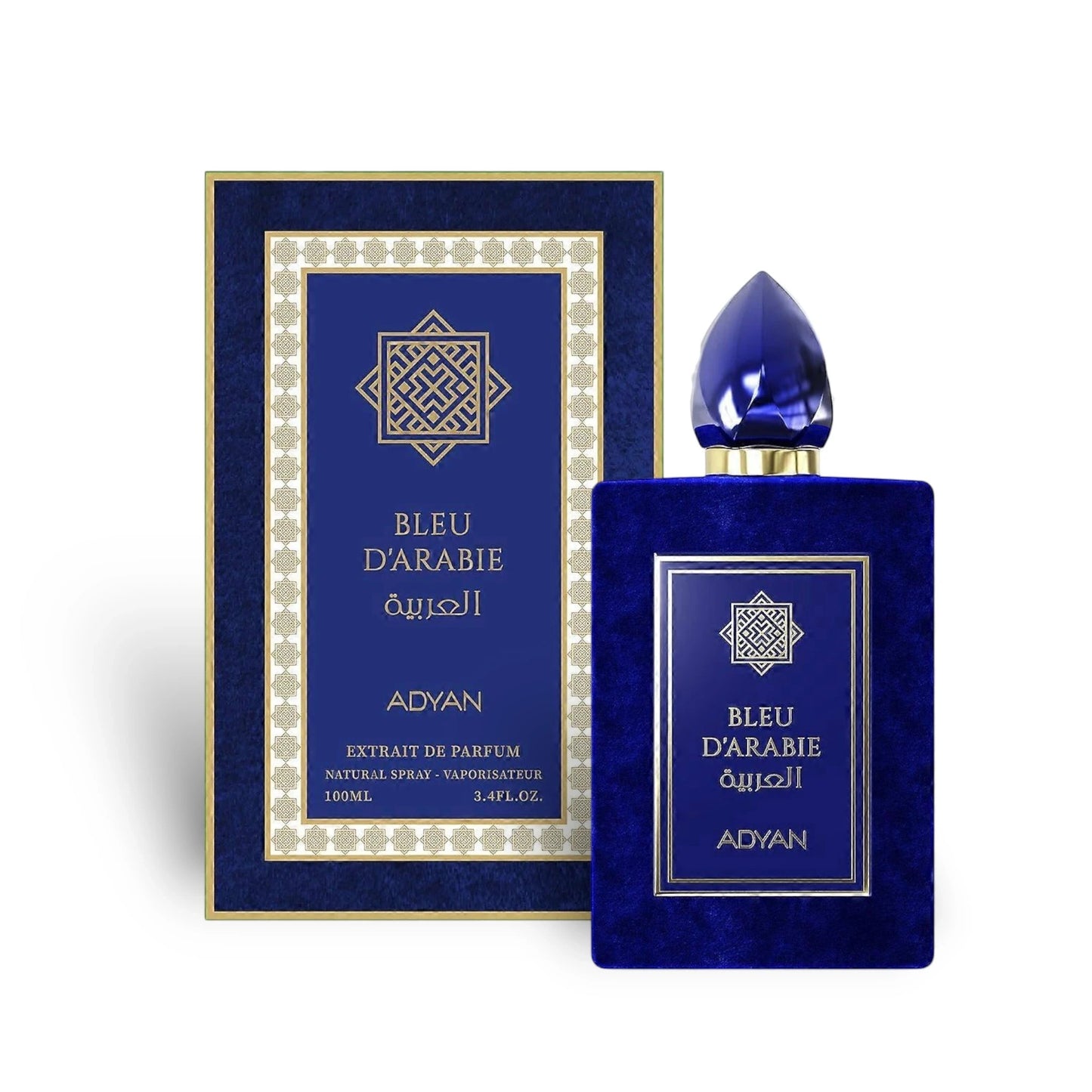 Soghaat Bleu D'Arabie by Adyan 100ml Extrait de Parfum in a blue velvet bottle with matching gold-accented box.