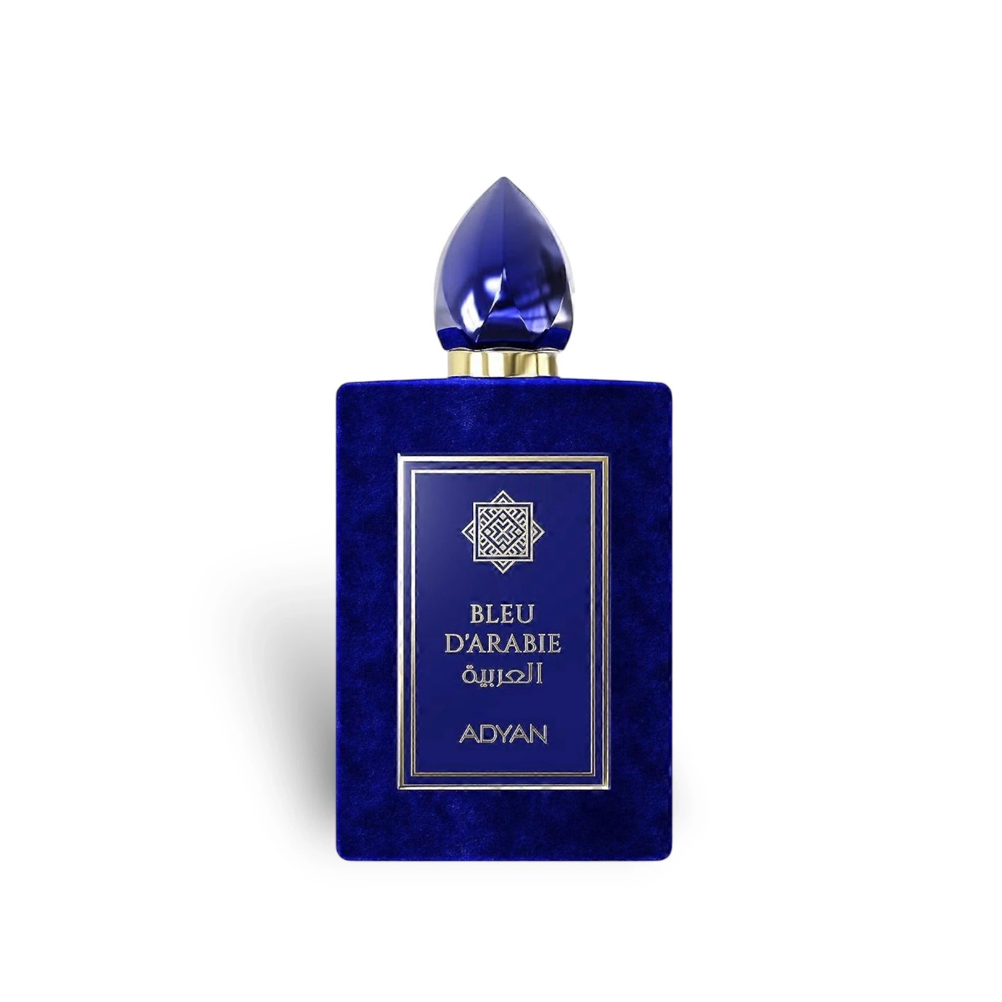 Soghaat Bleu D'Arabie by Adyan 100ml Extrait de Parfum in a luxurious royal blue velvet bottle with gold accents.