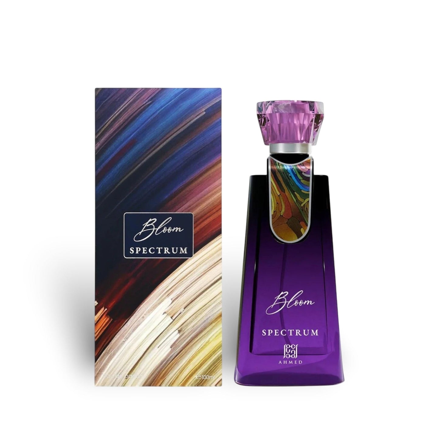 Soghaat Bloom Spectrum 100ml Eau de Parfum bottle and box, featuring a vibrant, abstract design with purple, blue, and gold tones.