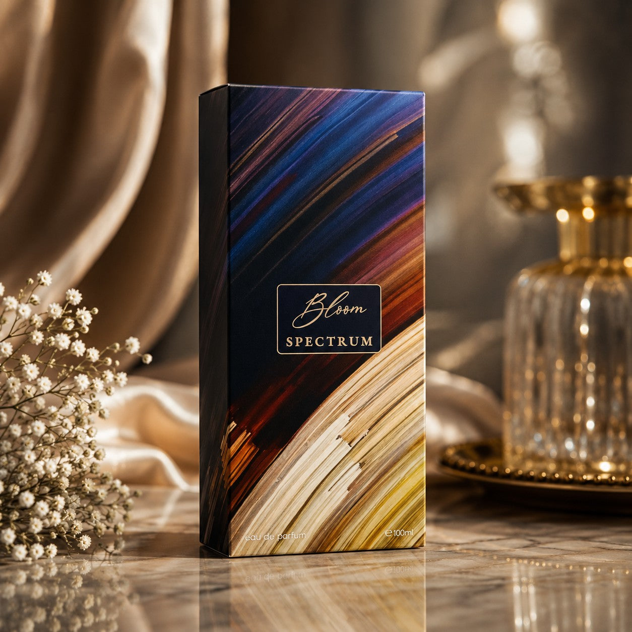 Soghaat Bloom Spectrum 100ml Eau de Parfum box with abstract colorful design, featuring oud woody notes.