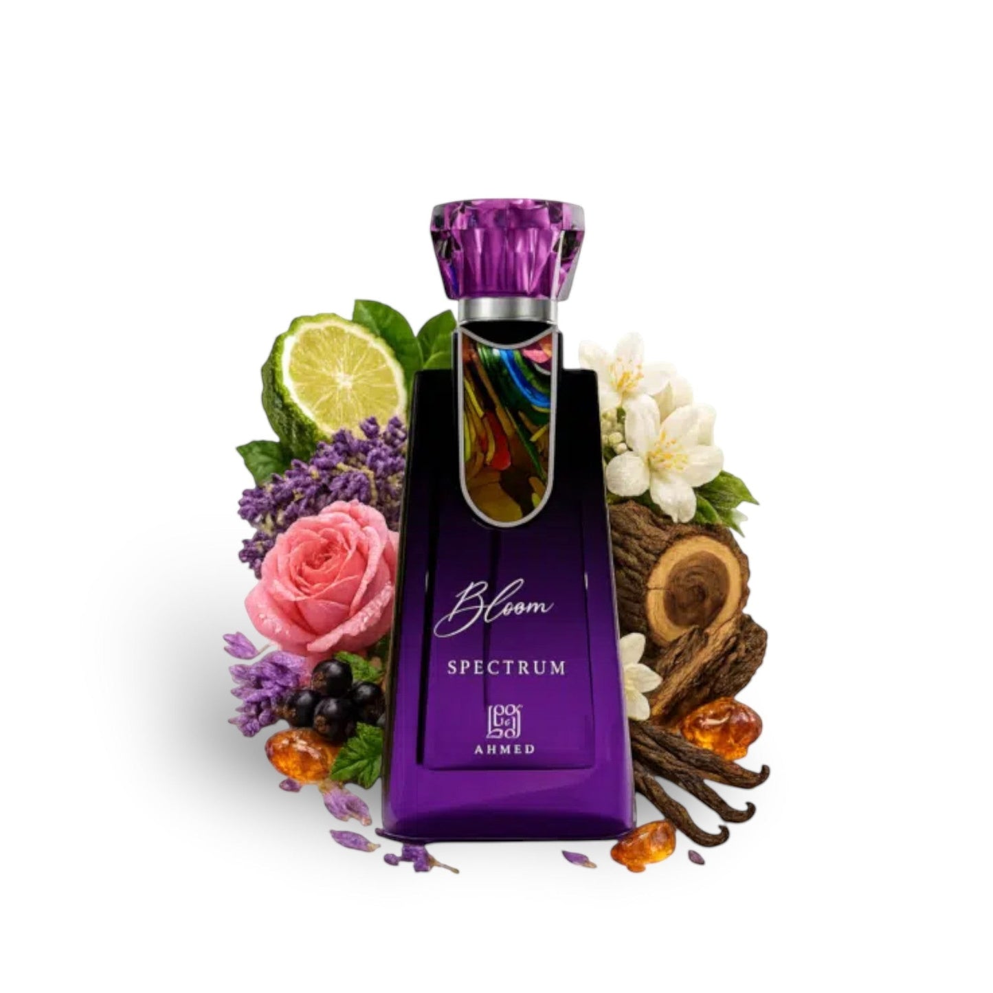 Ahmed Al Maghribi Bloom Spectrum 100ml Eau de Parfum bottle with floral and woody elements.