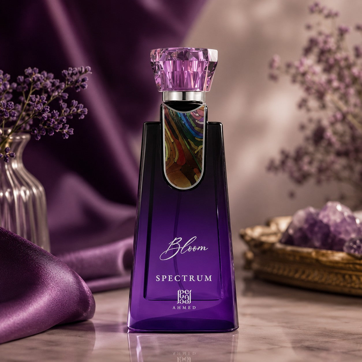 Soghaat Bloom Spectrum 100ml Eau de Parfum for unisex, a fresh oud woody fragrance with a purple gradient glass bottle and crystal cap.