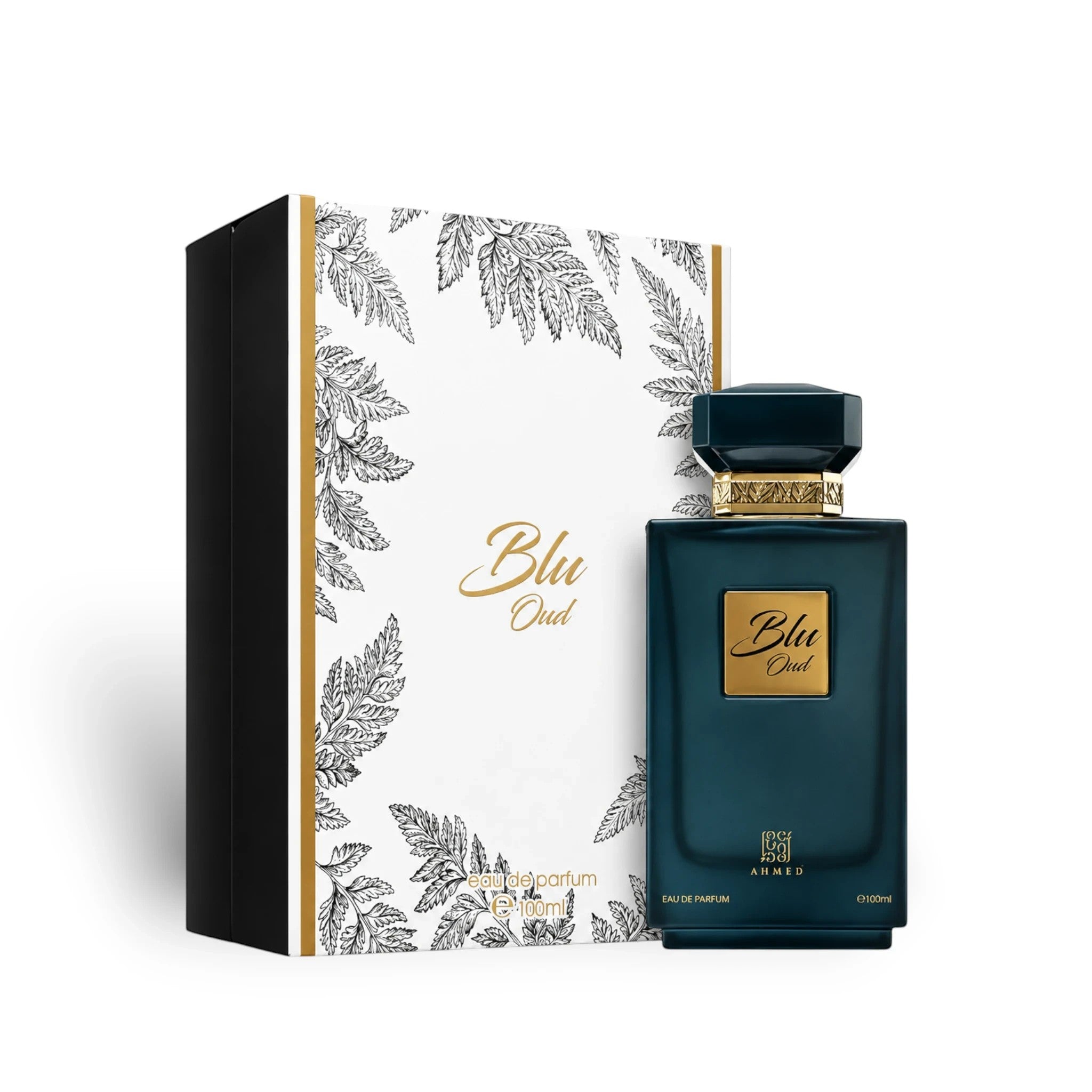 Soghaat Ahmed Al Maghribi Blu Oud Extrait de Parfum in a dark blue bottle with gold accents and decorative gift box.