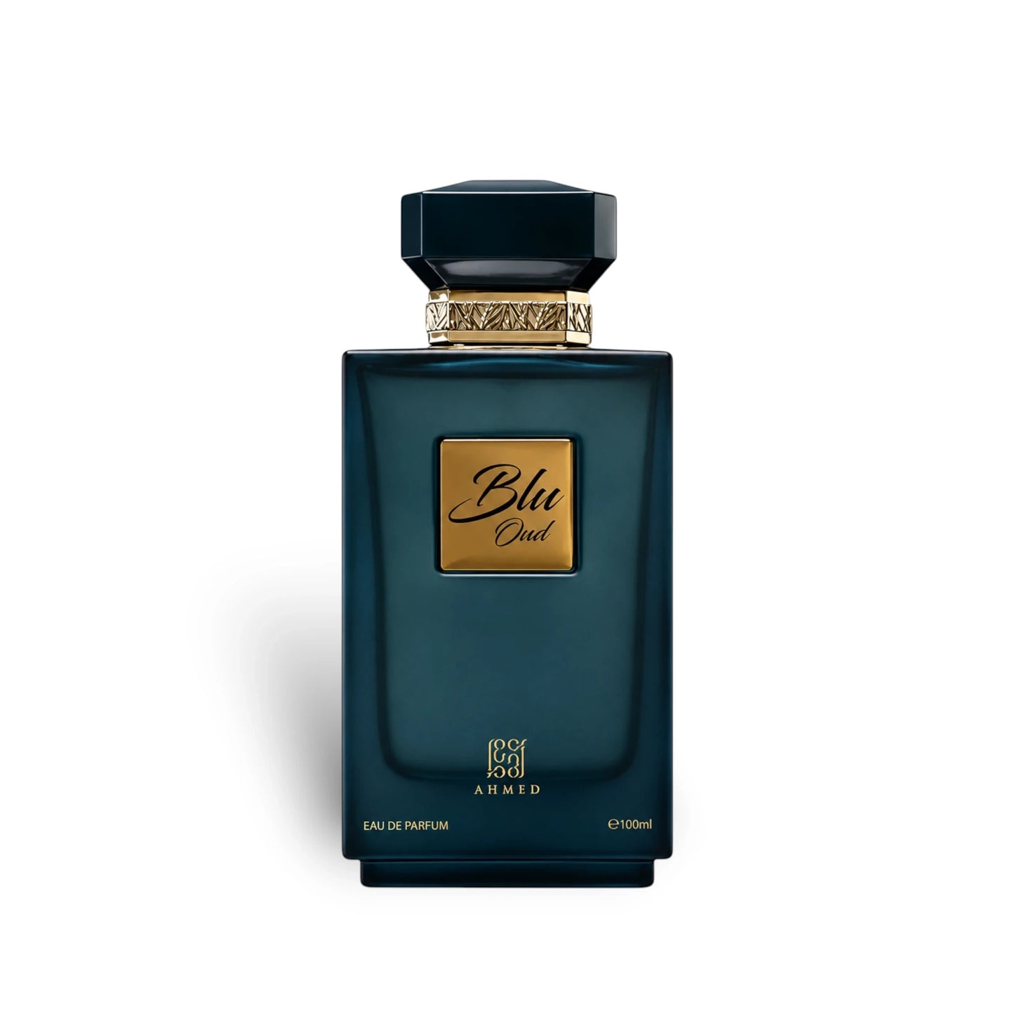 Soghaat Ahmed Al Maghribi Blu Oud 100ml Extrait de Parfum in a dark blue glass bottle with gold accents.