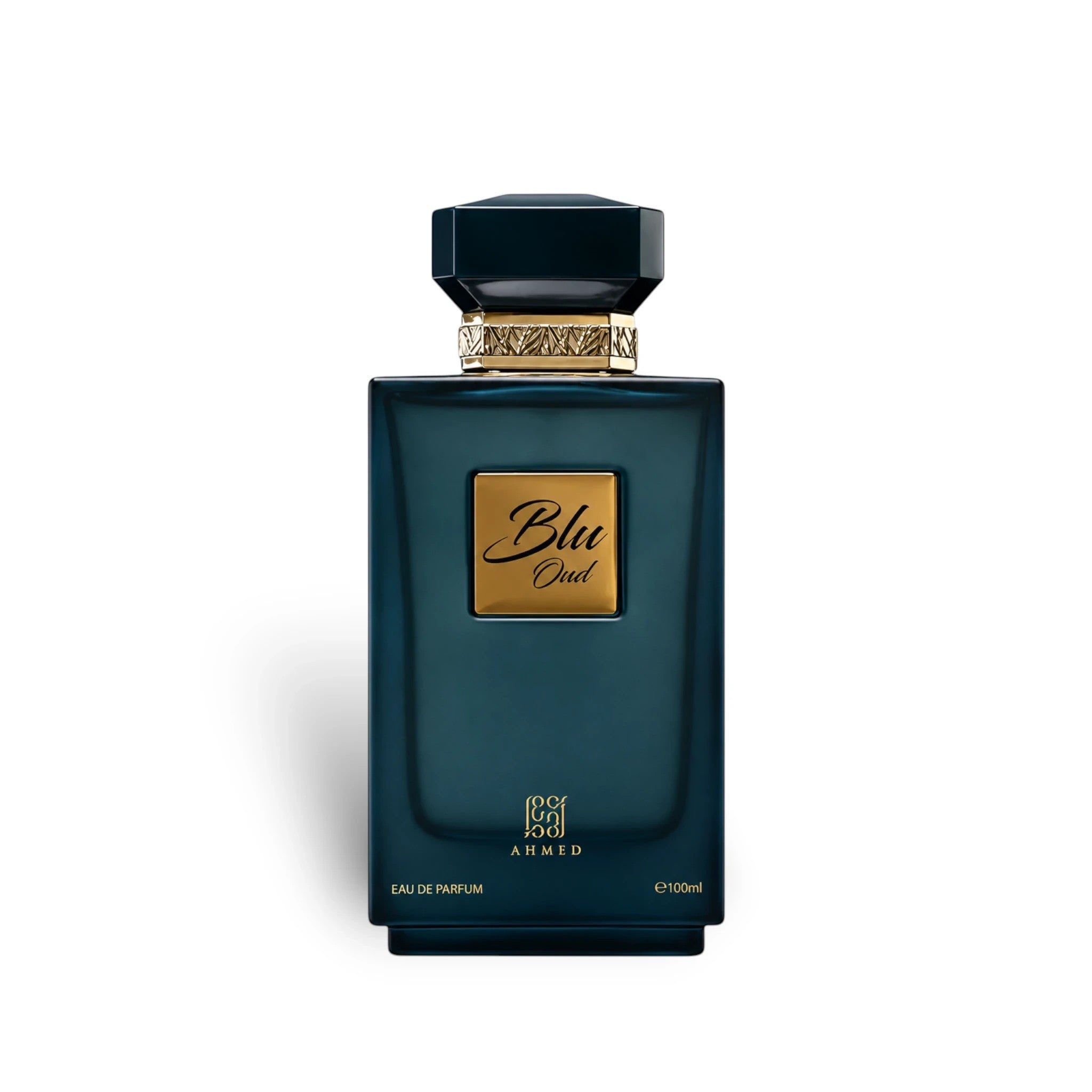 Soghaat Ahmed Al Maghribi Blu Oud 100ml Extrait de Parfum in a dark blue glass bottle with gold accents.