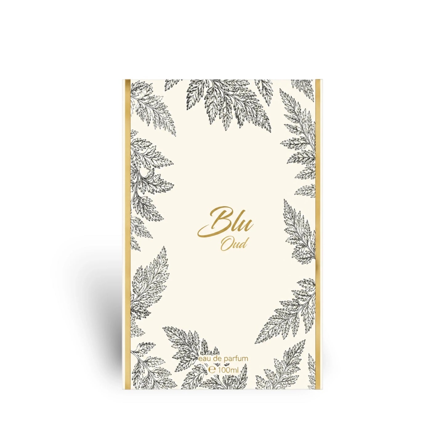 Soghaat Blu Oud Extrait de Parfum 100ml box with elegant cream background, gold accents, and black botanical leaf art.