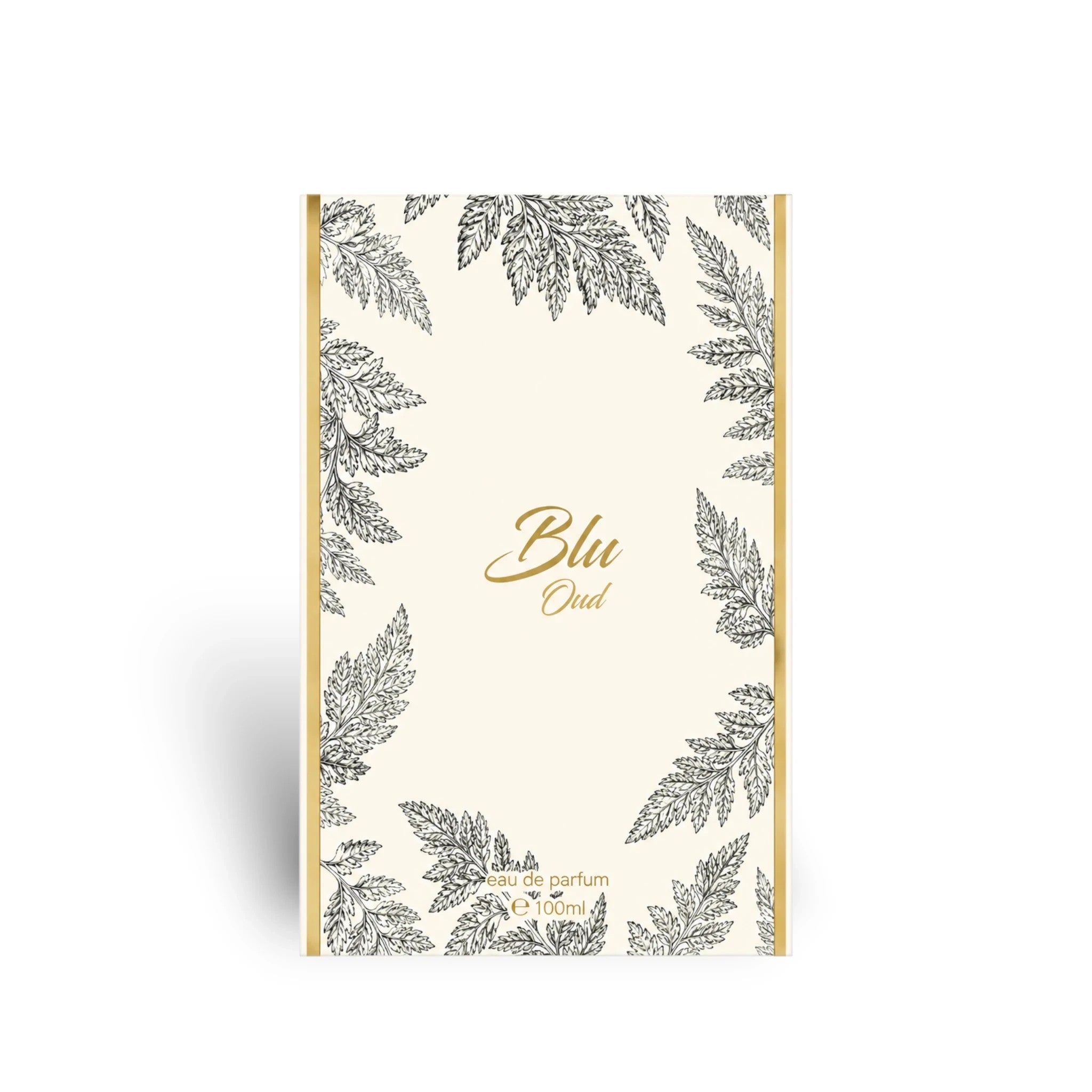 Soghaat Blu Oud Extrait de Parfum 100ml box with elegant cream background, gold accents, and black botanical leaf art.