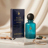 Soghaat Blue Laverne Bakhur Eau de Parfum for men and women, 100ml bottle with blue glass and gold accents.