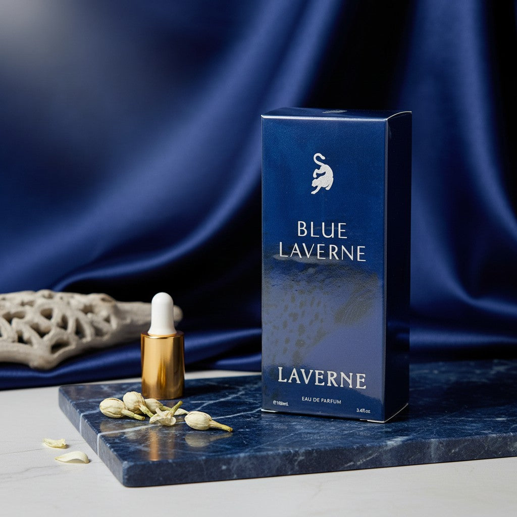 Blue Laverne 100ml Eau de Parfum box by Soghaat, featuring jasmine flowers on a blue marble base with silk backdrop.