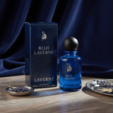 Soghaat Blue Laverne Eau de Parfum 100ml bottle and box, fresh woody aromatic fragrance with citrus and leather notes.
