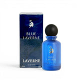 Soghaat Blue Laverne Eau de Parfum 100ml bottle and box, fresh woody aromatic fragrance with citrus and leather notes.