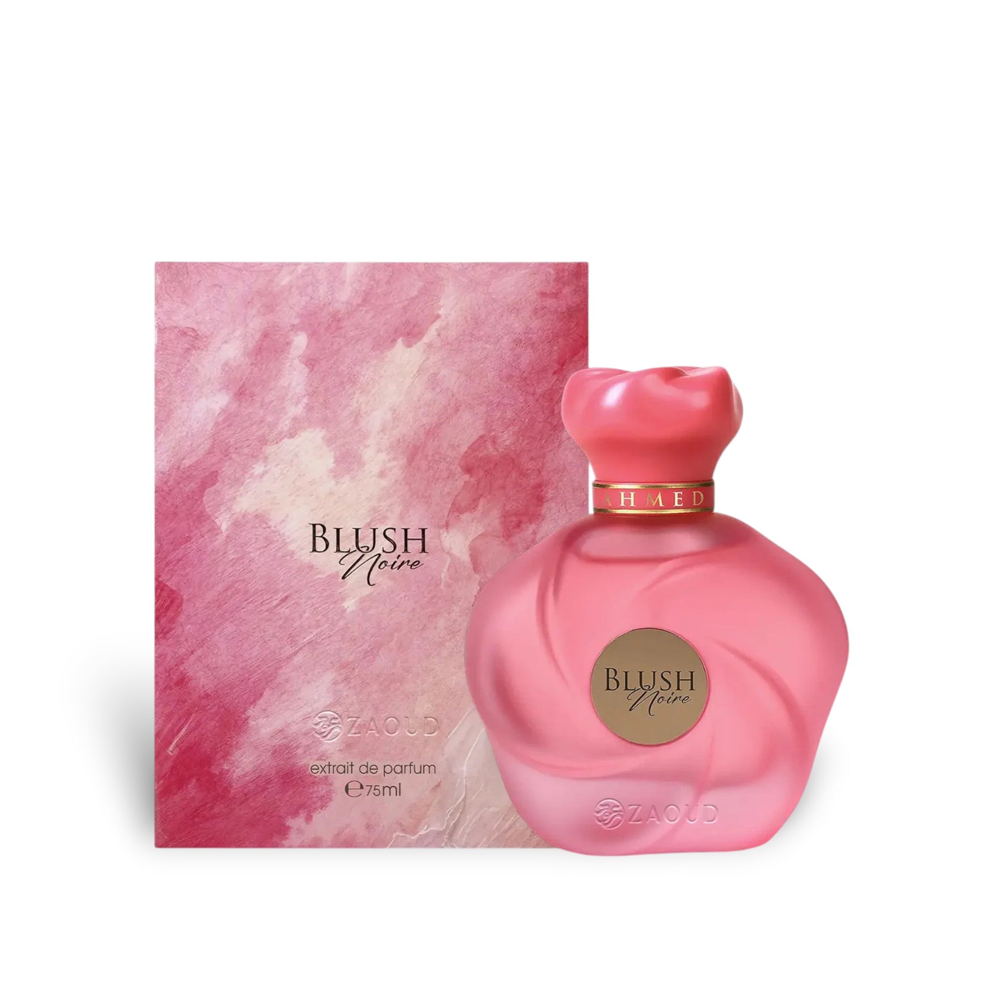 Soghaat Blush Noire 75ml Extrait de Parfum by Ahmed Al Maghribi, a pink glass bottle with a floral cap, featuring fruity, floral, and marine notes.