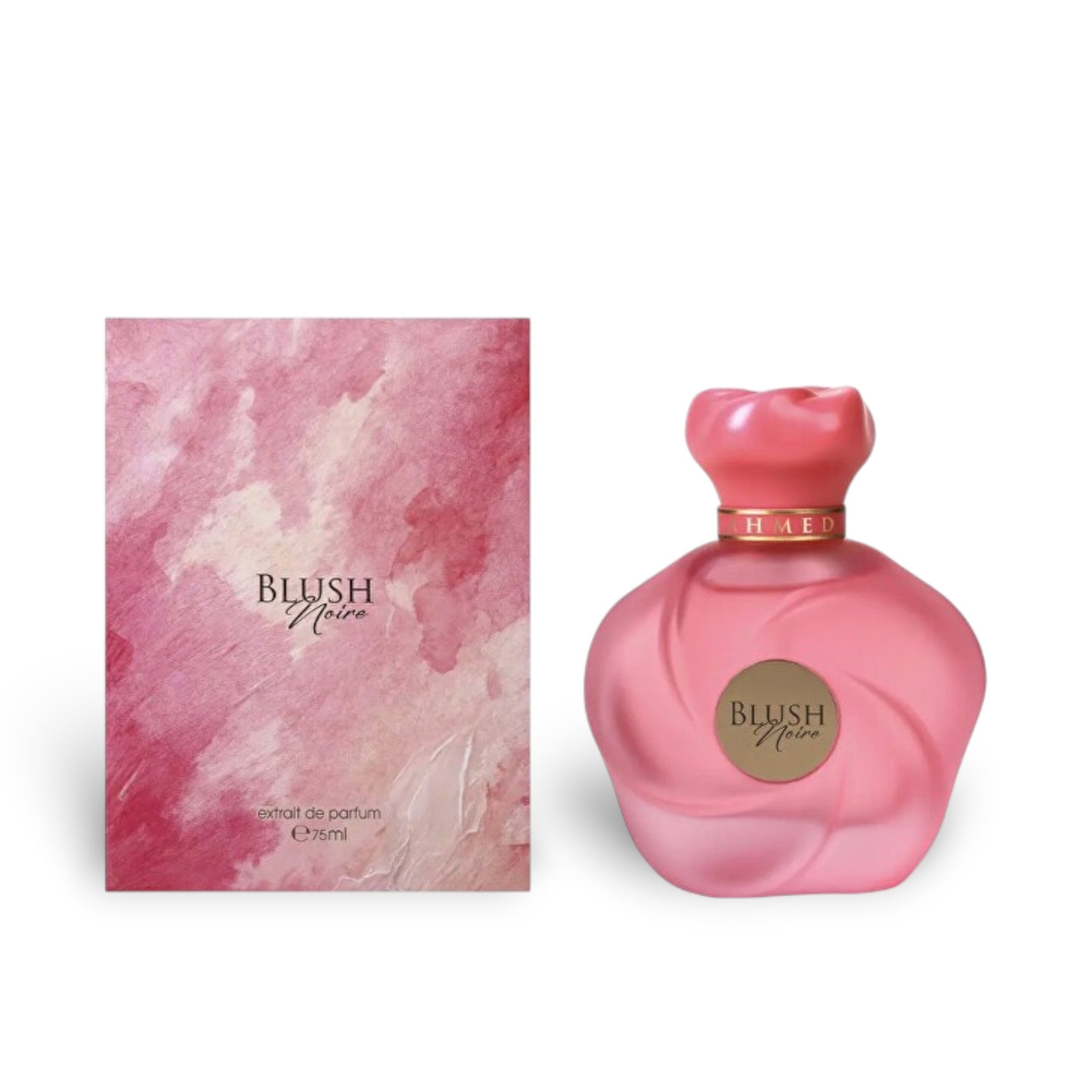 Soghaat Blush Noire 75ml Extrait de Parfum by Ahmed Al Maghribi, a pink frosted glass bottle with a pink cap and gold accent.