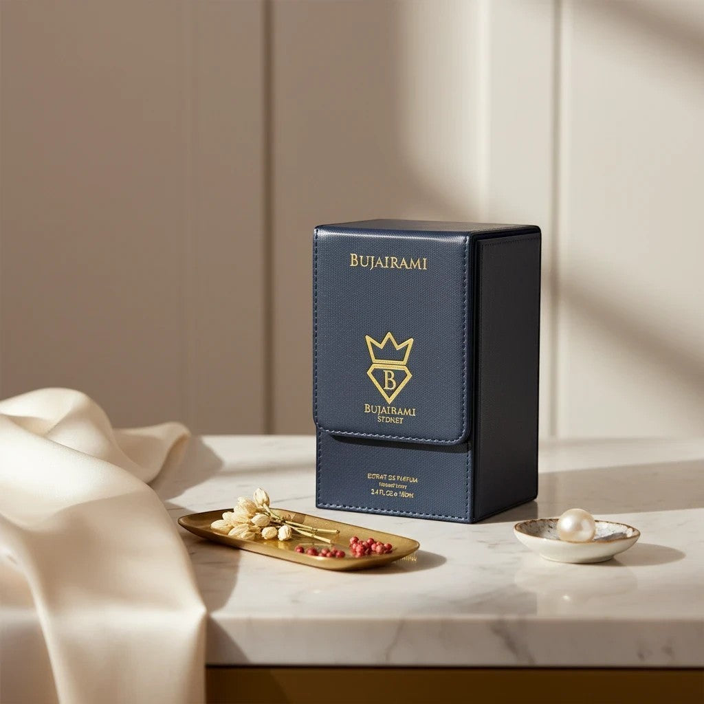 Soghaat Boss Life 100ml Extrait de Parfum by Bujairami, a unisex fresh oud woody fragrance in a navy blue presentation box.