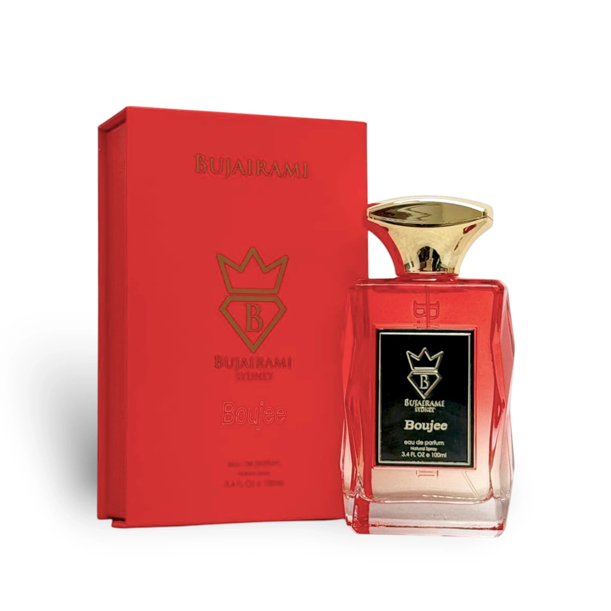 Soghaat Boujee 100ml Eau de Parfum for women, a fruity floral woody fragrance with a red bottle and gold cap.