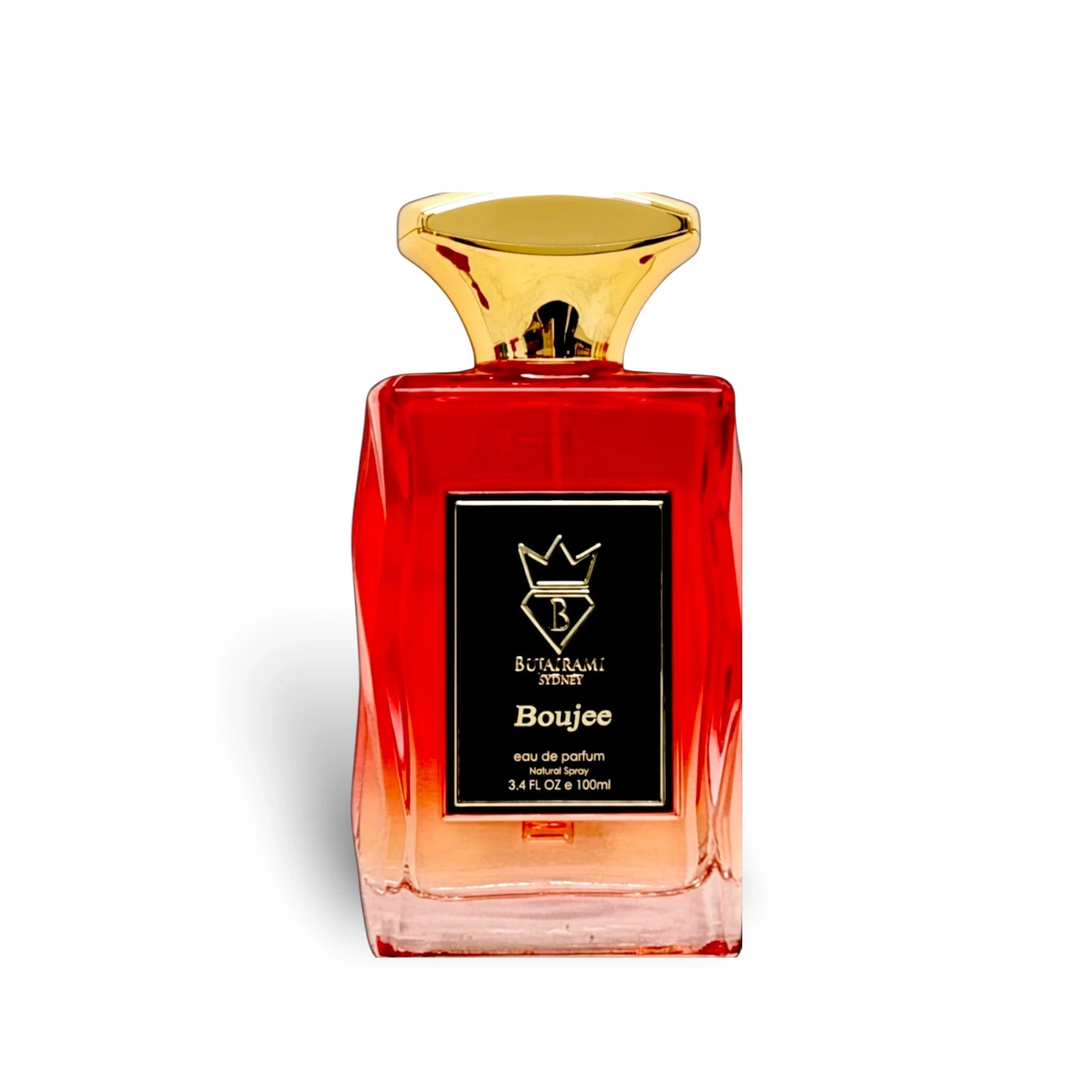 Soghaat Boujee 100ml Eau de Parfum for women, a fruity floral woody fragrance with a red gradient bottle and gold cap.