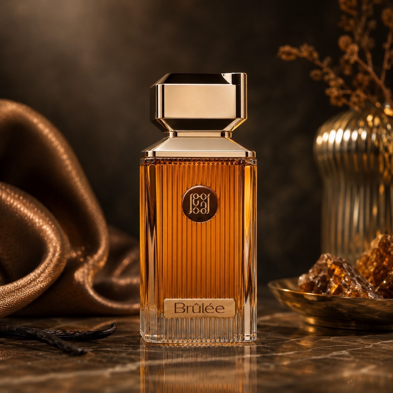 Soghaat Brûlée 100ml Extrait de Parfum for men, a sweet amber gourmand fragrance with a golden bottle.